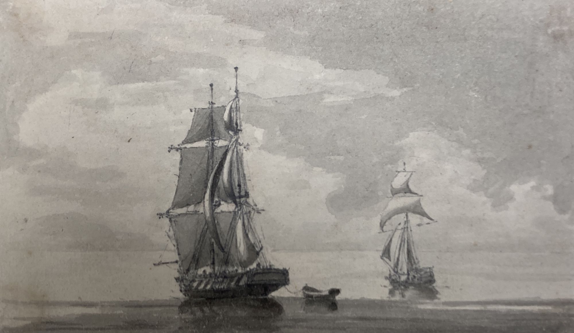 Two 18th century Old Master ink and wash drawings and a 19th century study of shipping on a calm sea, 13 x 8cm, 11 x 15cm and 9 x 15cm,